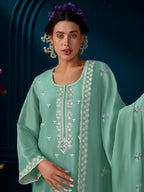 Indo Era Green Straight Embroidered Kurta Trousers With Dupatta Set | Grocsy