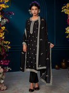 Indo Era Black Straight Embroidered Kurta Trousers With Dupatta Set | Grocsy