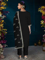 Indo Era Black Straight Embroidered Kurta Trousers With Dupatta Set | Grocsy