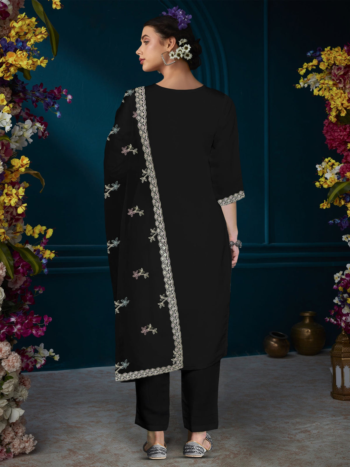 Indo Era Black Straight Embroidered Kurta Trousers With Dupatta Set | Grocsy