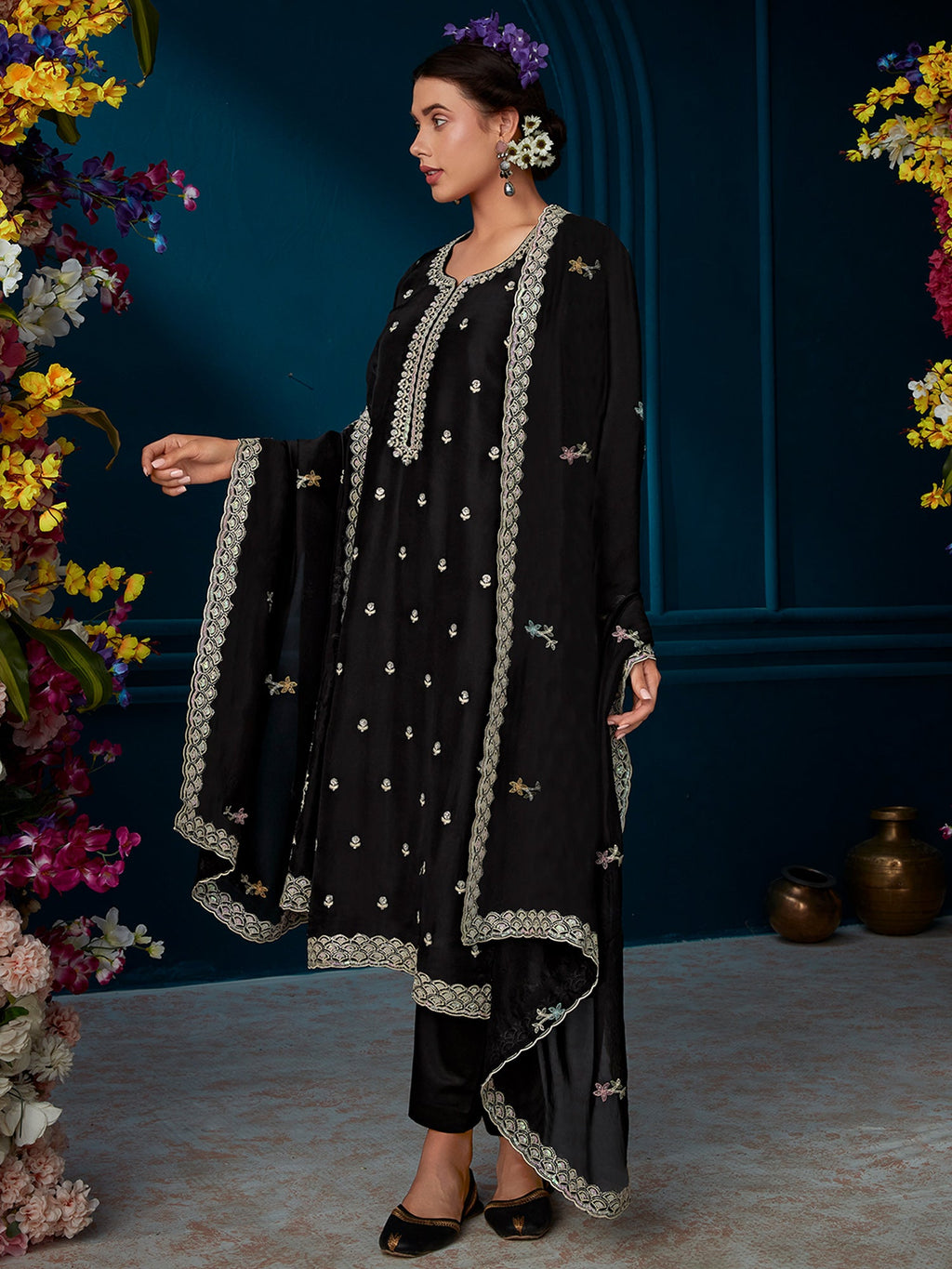 Indo Era Black Straight Embroidered Kurta Trousers With Dupatta Set | Grocsy