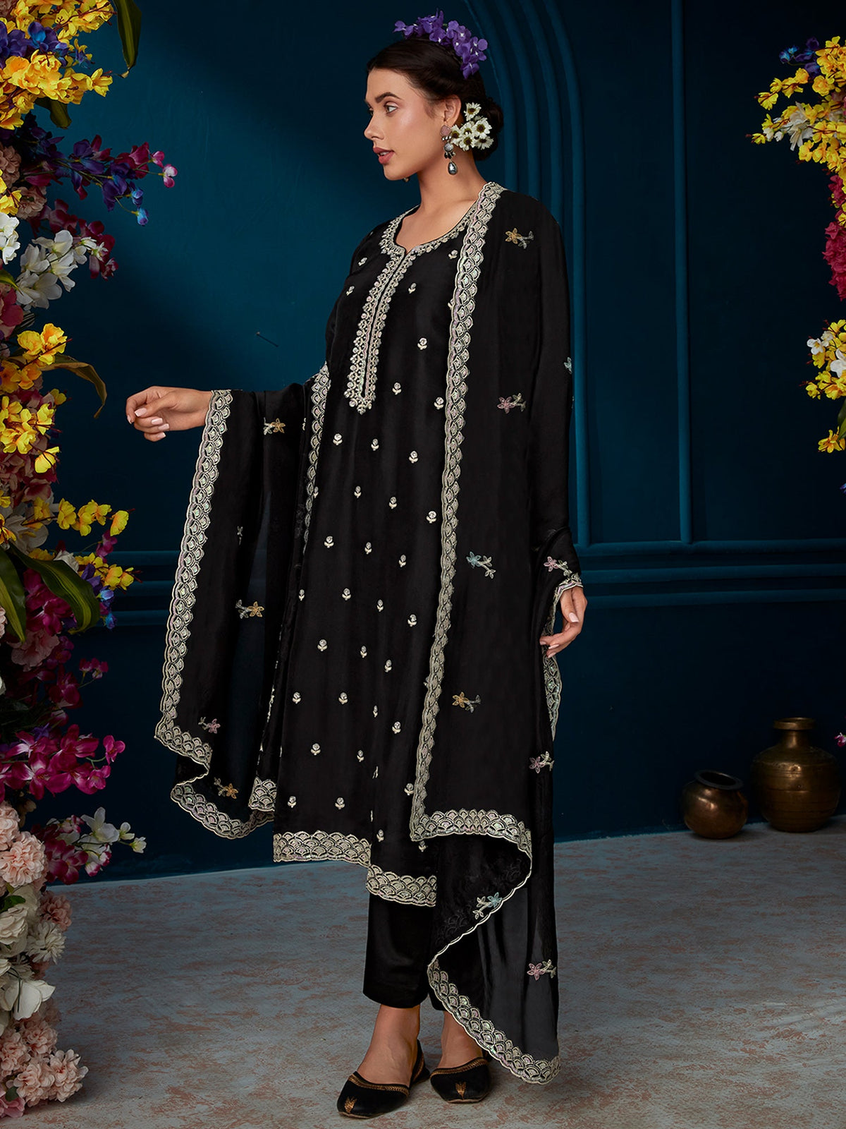 Indo Era Black Straight Embroidered Kurta Trousers With Dupatta Set | Grocsy