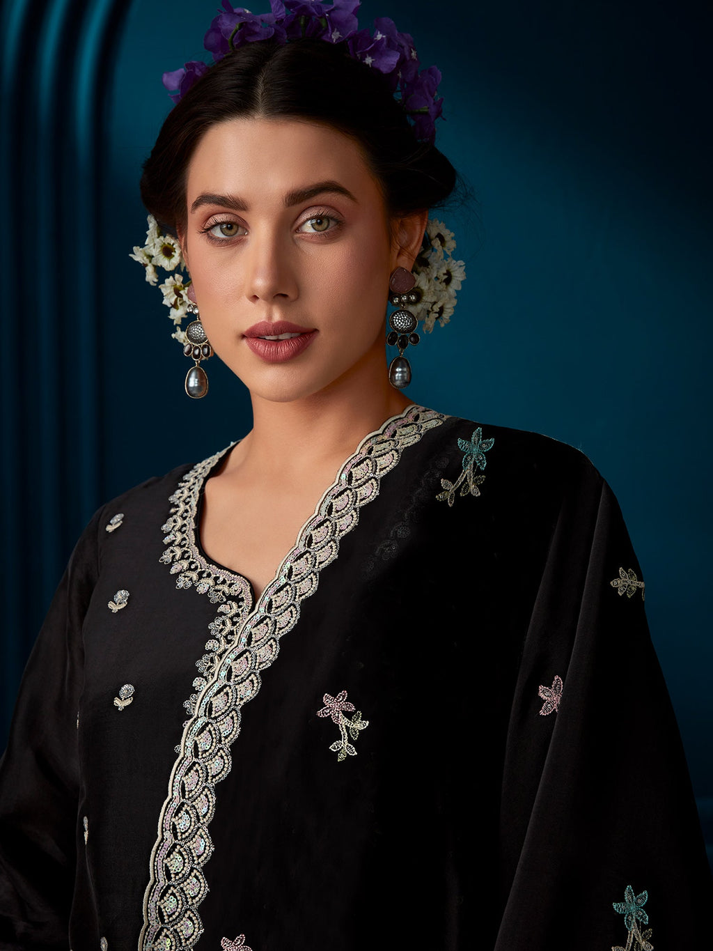 Indo Era Black Straight Embroidered Kurta Trousers With Dupatta Set | Grocsy