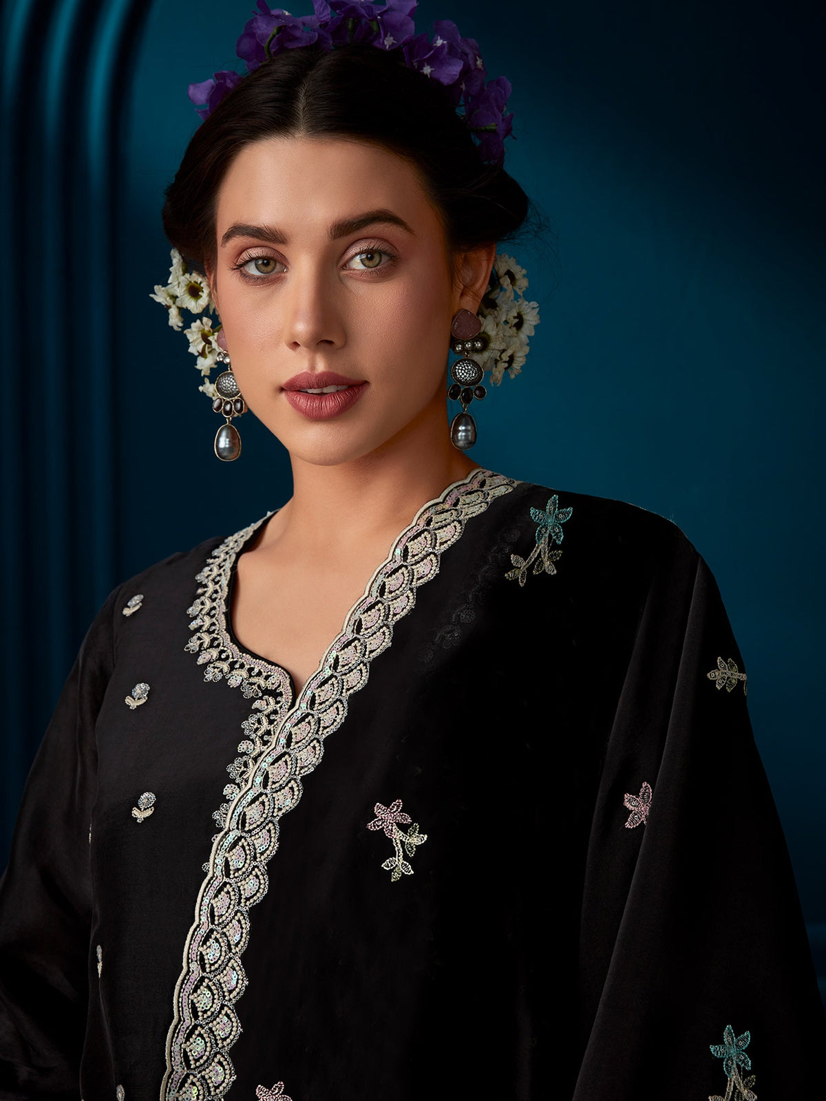 Indo Era Black Straight Embroidered Kurta Trousers With Dupatta Set | Grocsy