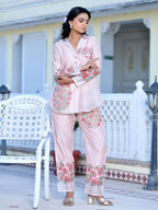 Vaasva Women's Pale Peach Chanderi Block Printed Cord Set | Grocsy