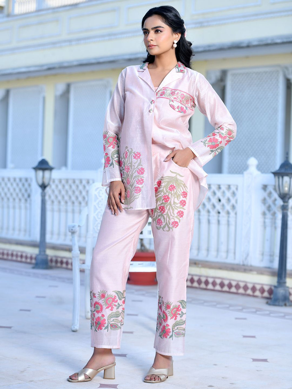 Vaasva Women's Pale Peach Chanderi Block Printed Cord Set | Grocsy