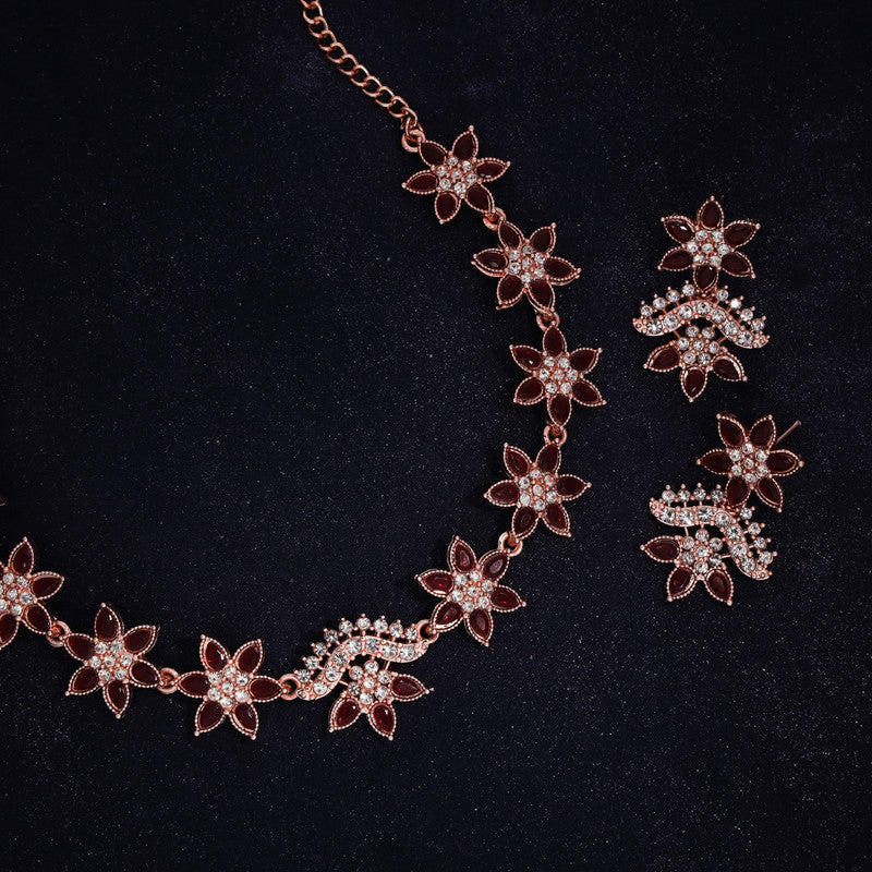 Tehzeeb Creations Maroon Colour Star Design Stone Studded Necklace With Earrings | Grocsy