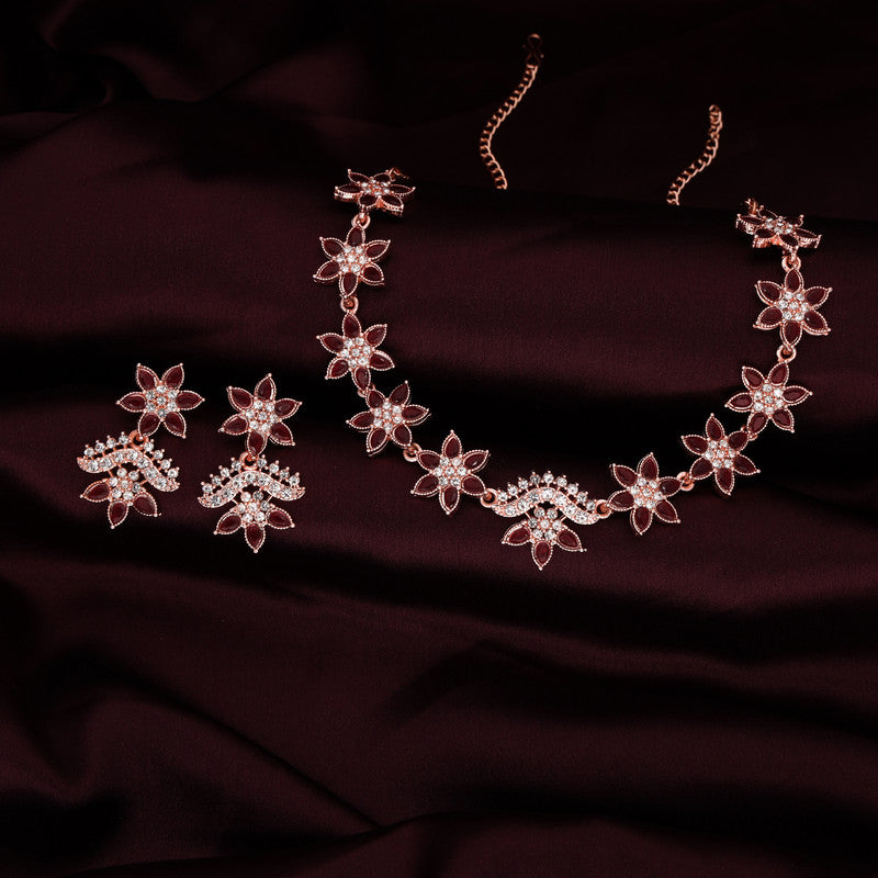 Tehzeeb Creations Maroon Colour Star Design Stone Studded Necklace With Earrings | Grocsy