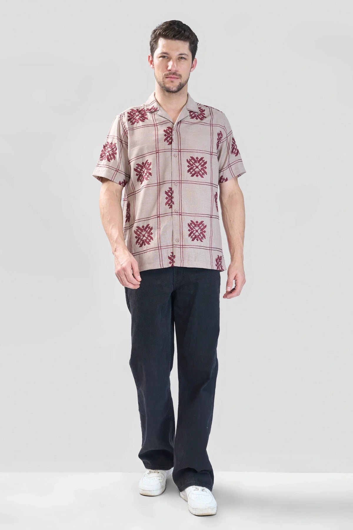Xkind Light Maroon Embroidered Releaxed Fit Shirt | Grocsy