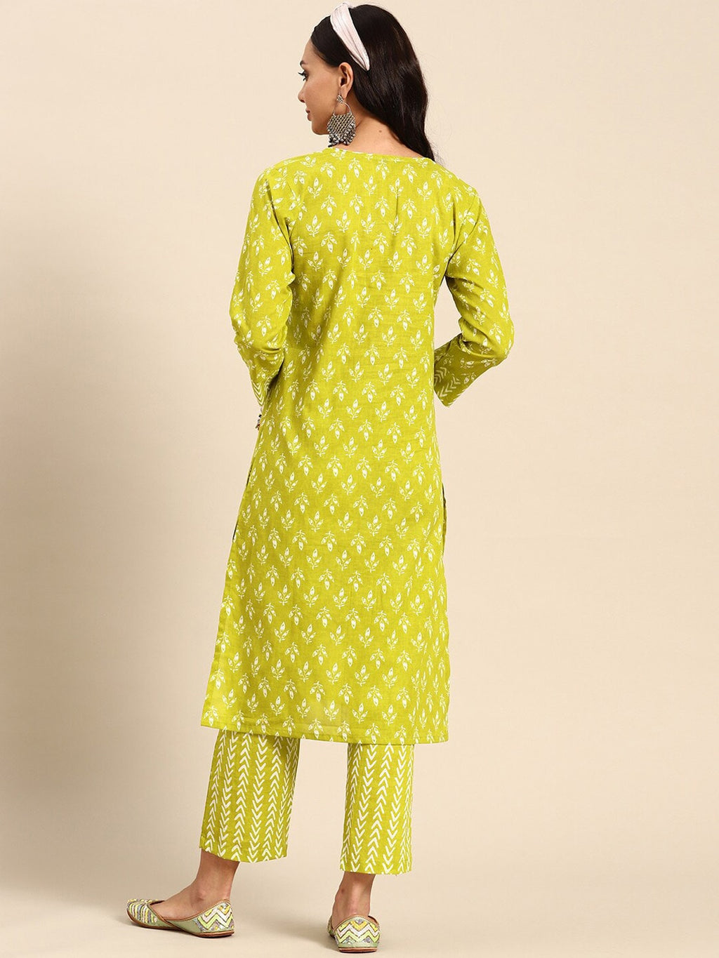 Sangria Green Ethnic Motifs Printed Pure Cotton V-Neck Straight Kurta With Trouser | Grocsy
