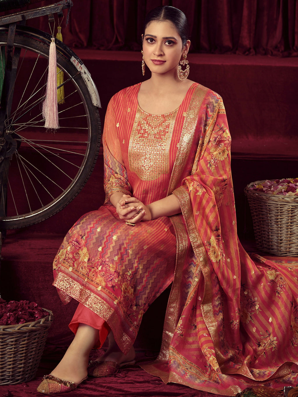 Jyoti Fashion Women's Orange Organza Jacquard Woven Kurta with Trouser & Dupatta | Grocsy