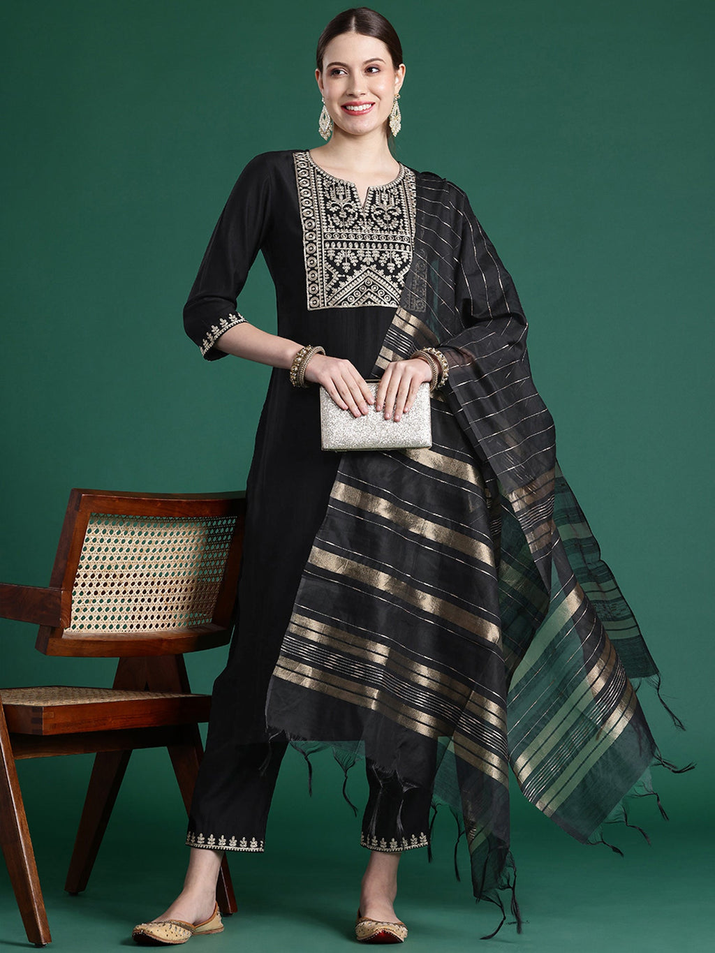 Indo Era Black Embroidered Straight Kurta Trousers With Dupatta set | Grocsy