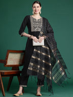 Indo Era Black Embroidered Straight Kurta Trousers With Dupatta set | Grocsy