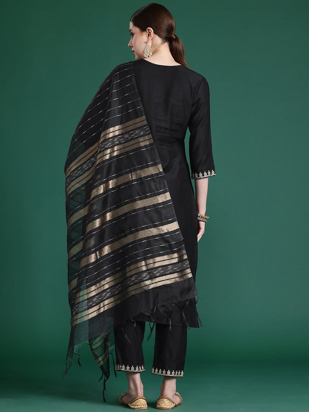Indo Era Black Embroidered Straight Kurta Trousers With Dupatta set | Grocsy