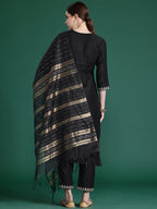 Indo Era Black Embroidered Straight Kurta Trousers With Dupatta set | Grocsy