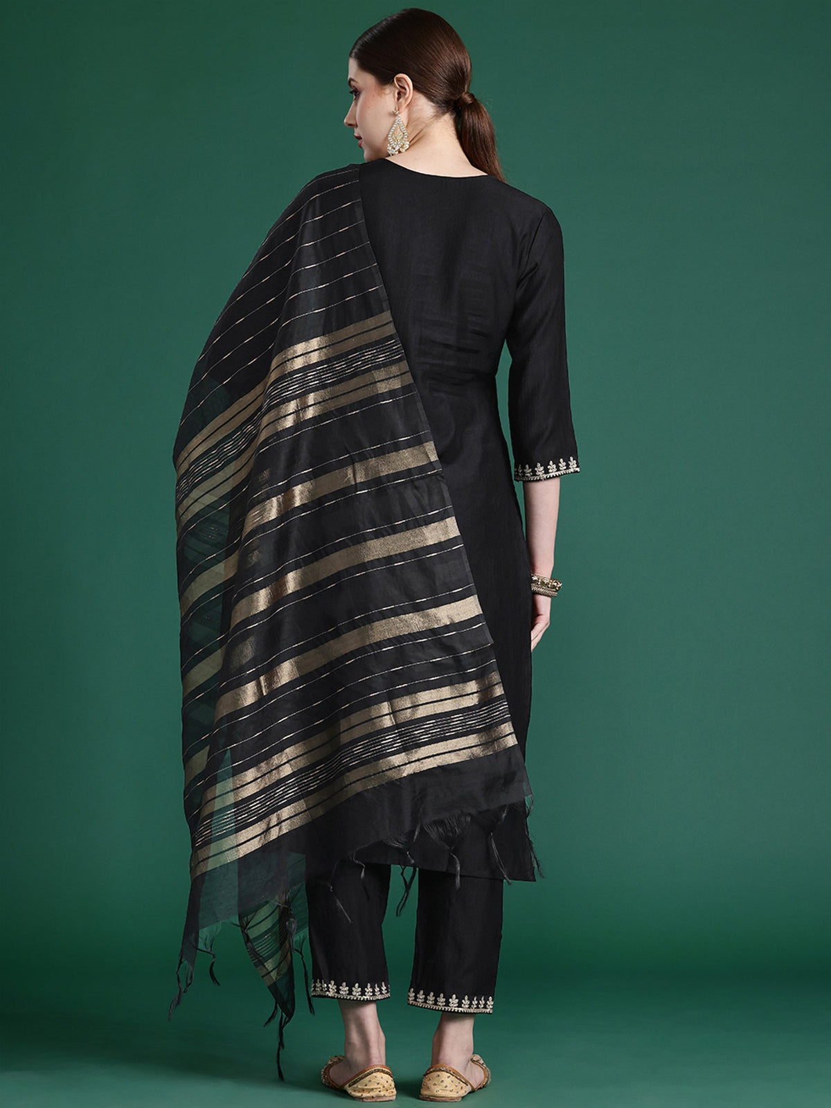 Indo Era Black Embroidered Straight Kurta Trousers With Dupatta set | Grocsy