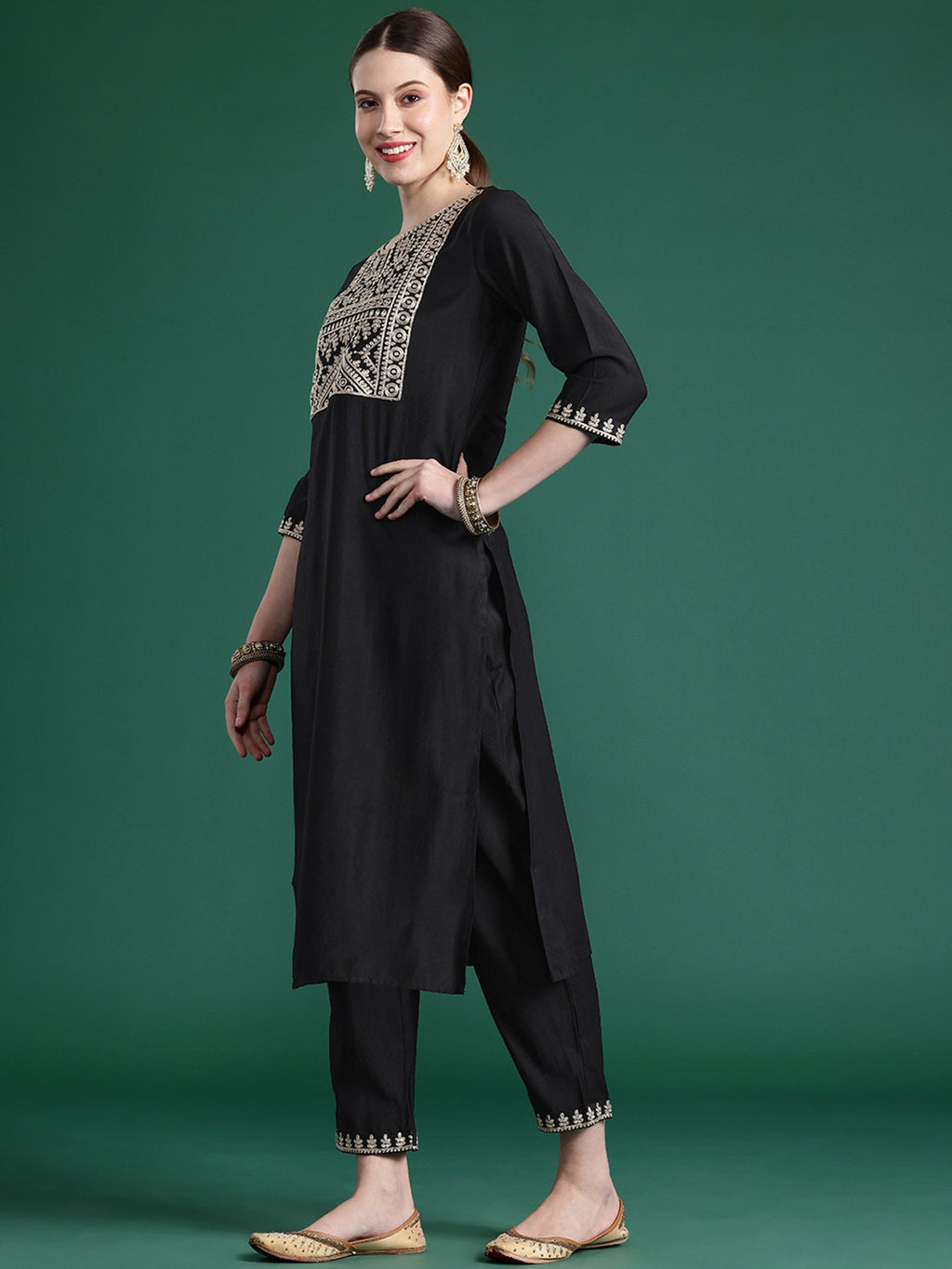 Indo Era Black Embroidered Straight Kurta Trousers With Dupatta set | Grocsy