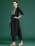 Indo Era Black Embroidered Straight Kurta Trousers With Dupatta set | Grocsy