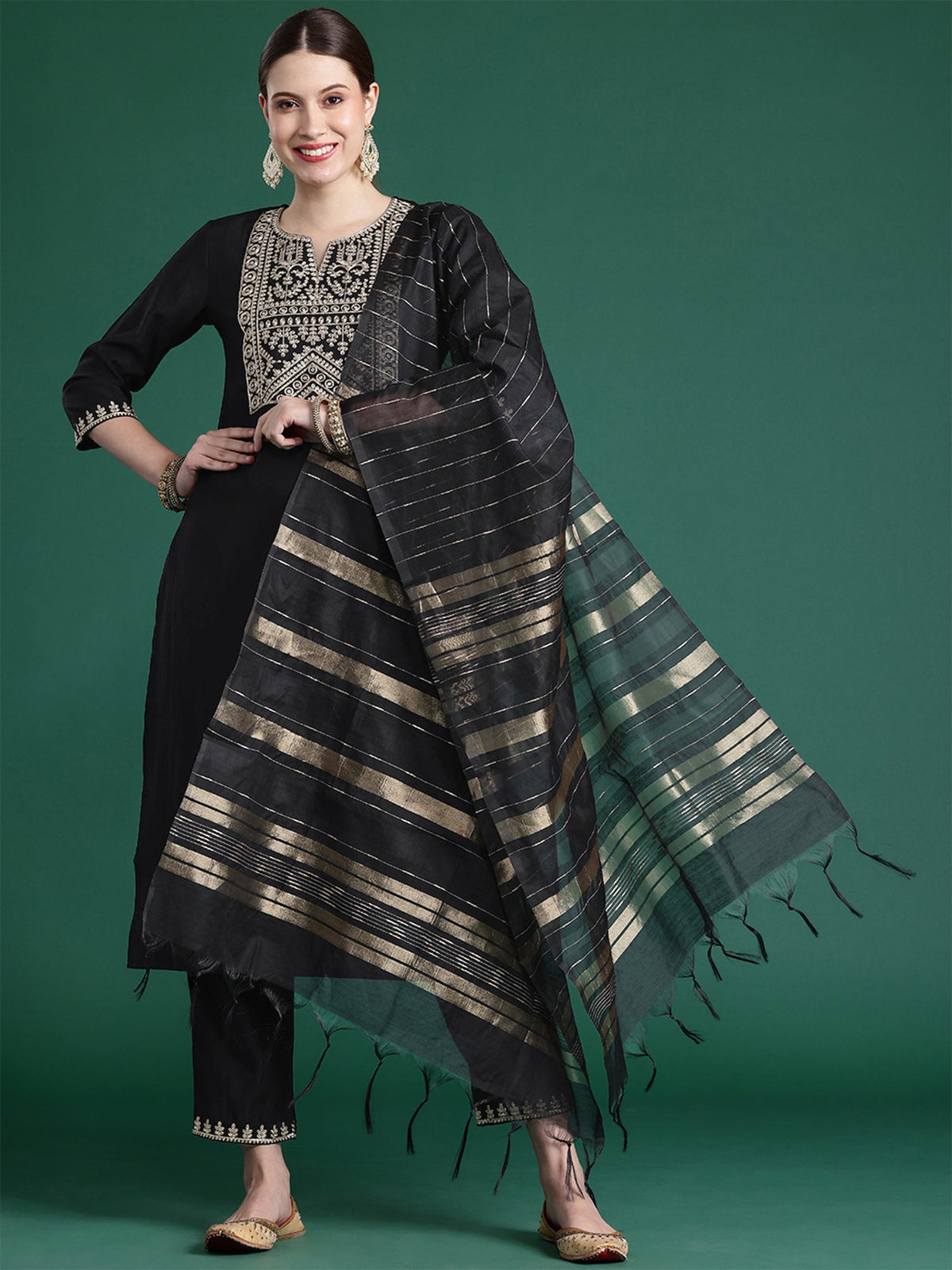 Indo Era Black Embroidered Straight Kurta Trousers With Dupatta set | Grocsy