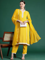 Indo Era Yellow Embroidered Straight Kurta Trousers With Dupatta set | Grocsy