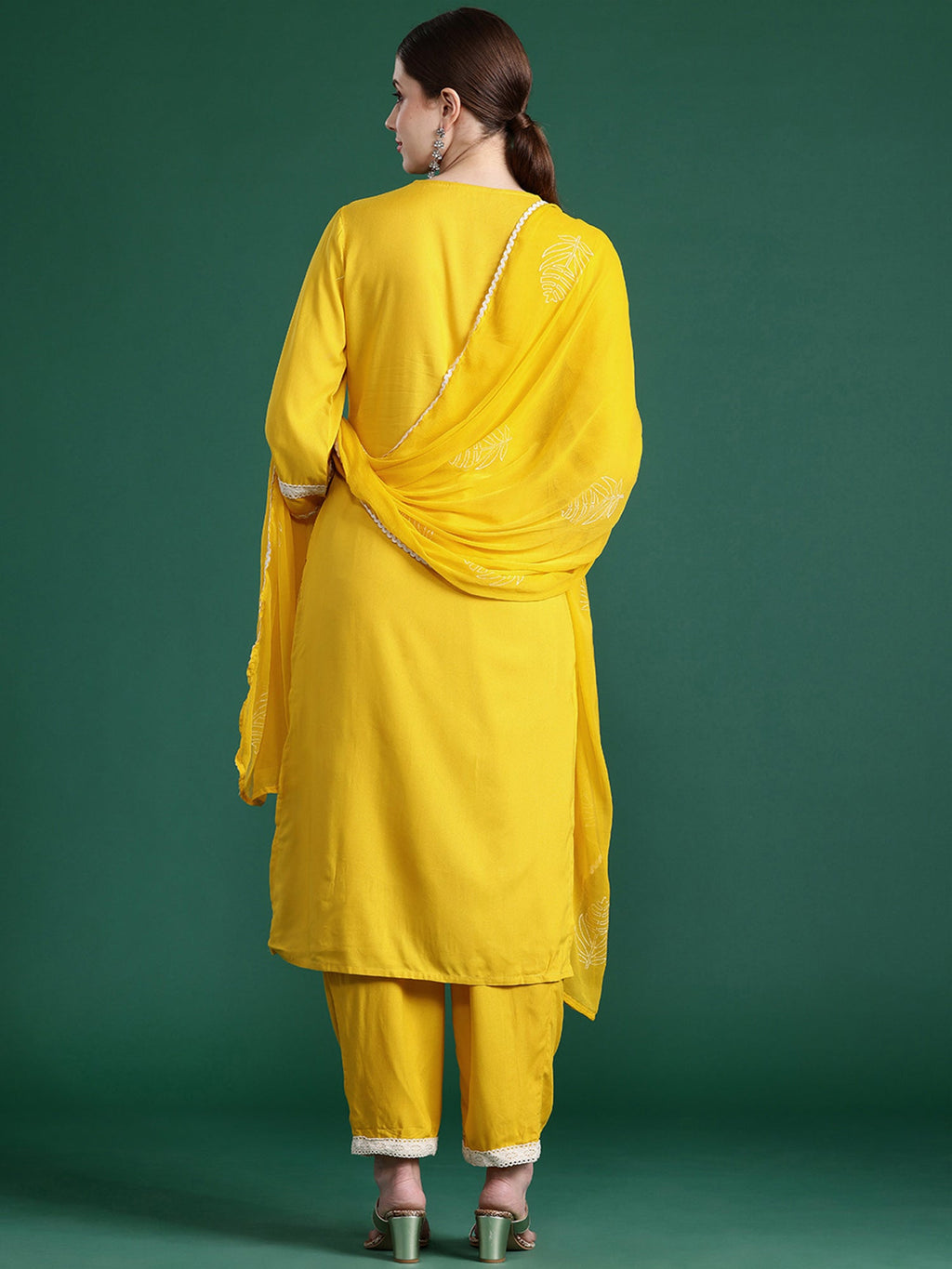 Indo Era Yellow Embroidered Straight Kurta Trousers With Dupatta set | Grocsy