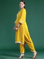 Indo Era Yellow Embroidered Straight Kurta Trousers With Dupatta set | Grocsy