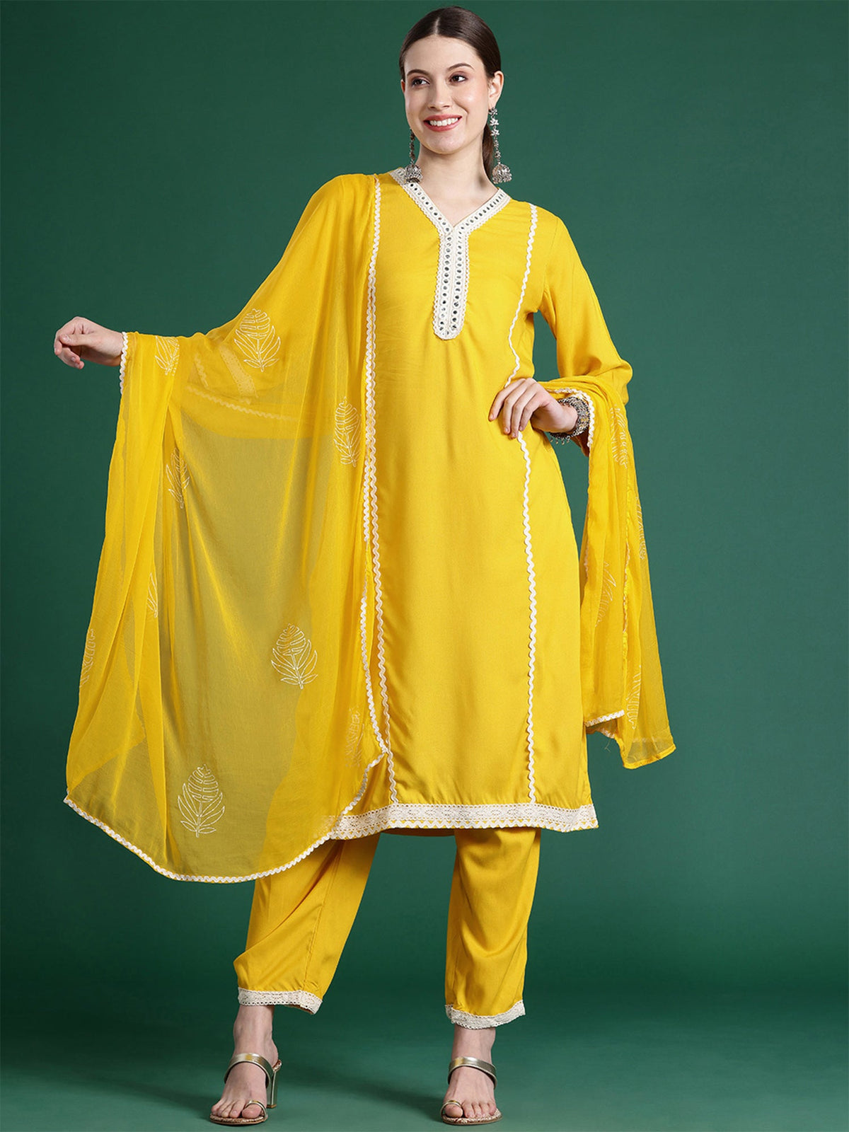 Indo Era Yellow Embroidered Straight Kurta Trousers With Dupatta set | Grocsy