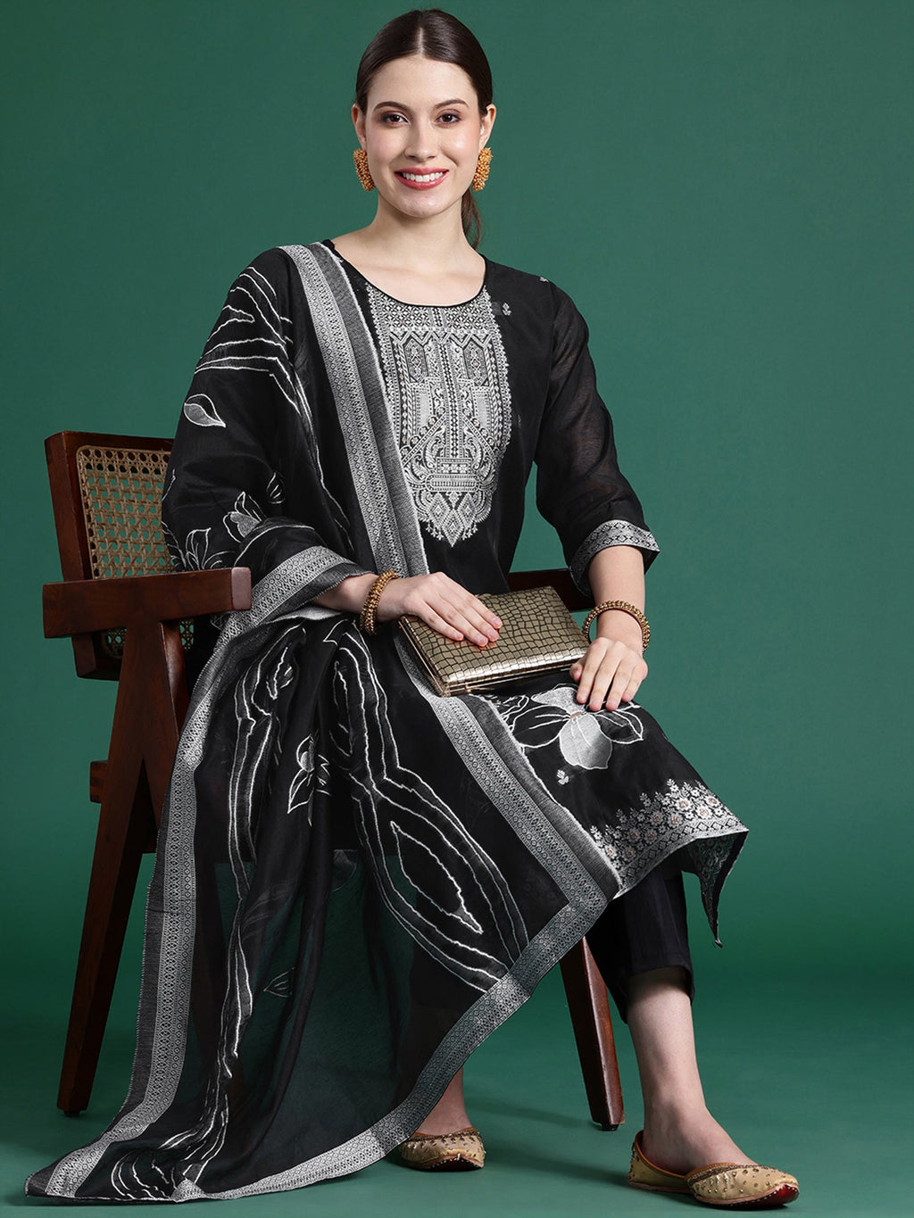 Indo Era Black Woven Design Straight Kurta Trousers set | Grocsy