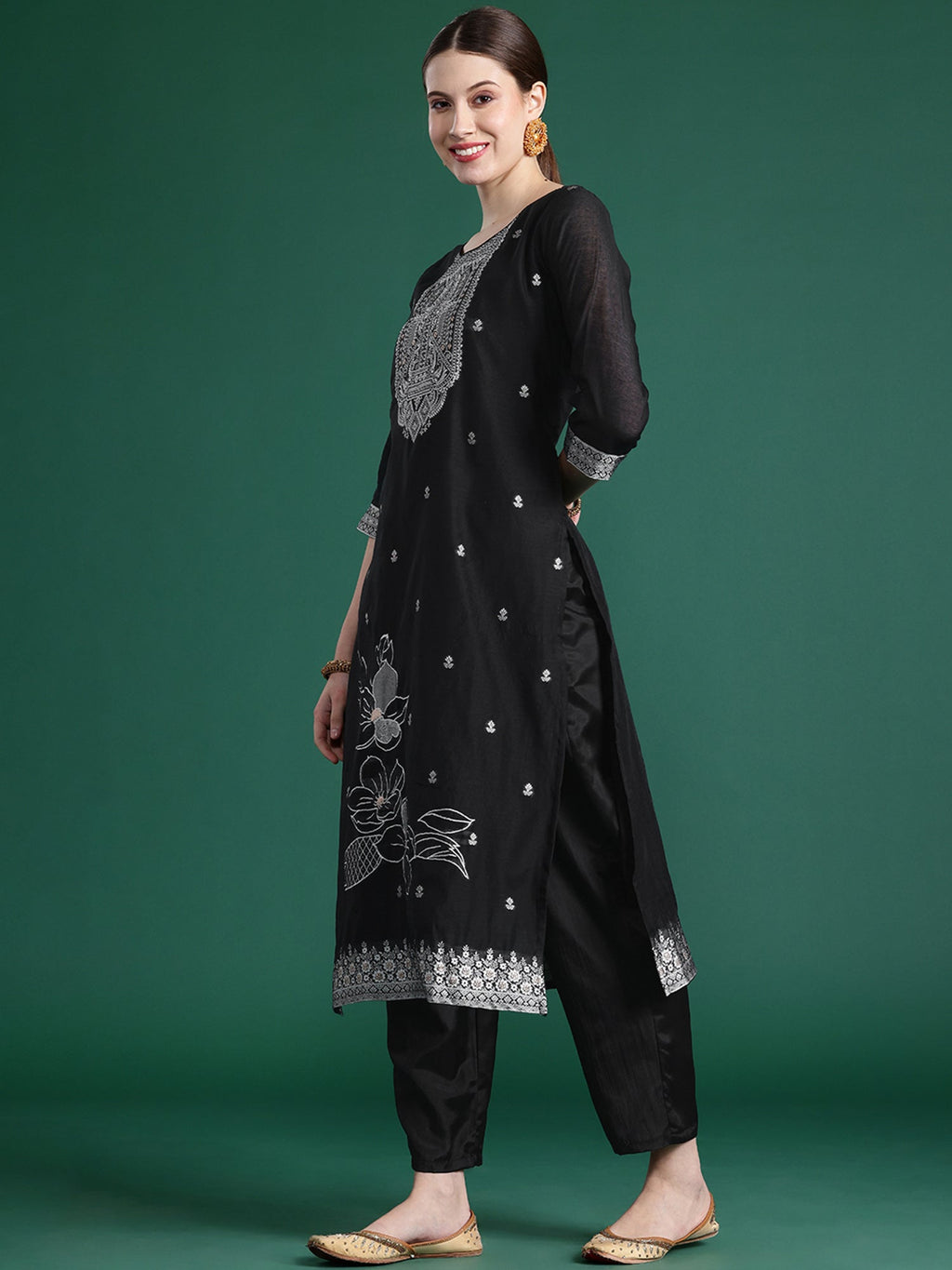 Indo Era Black Woven Design Straight Kurta Trousers set | Grocsy