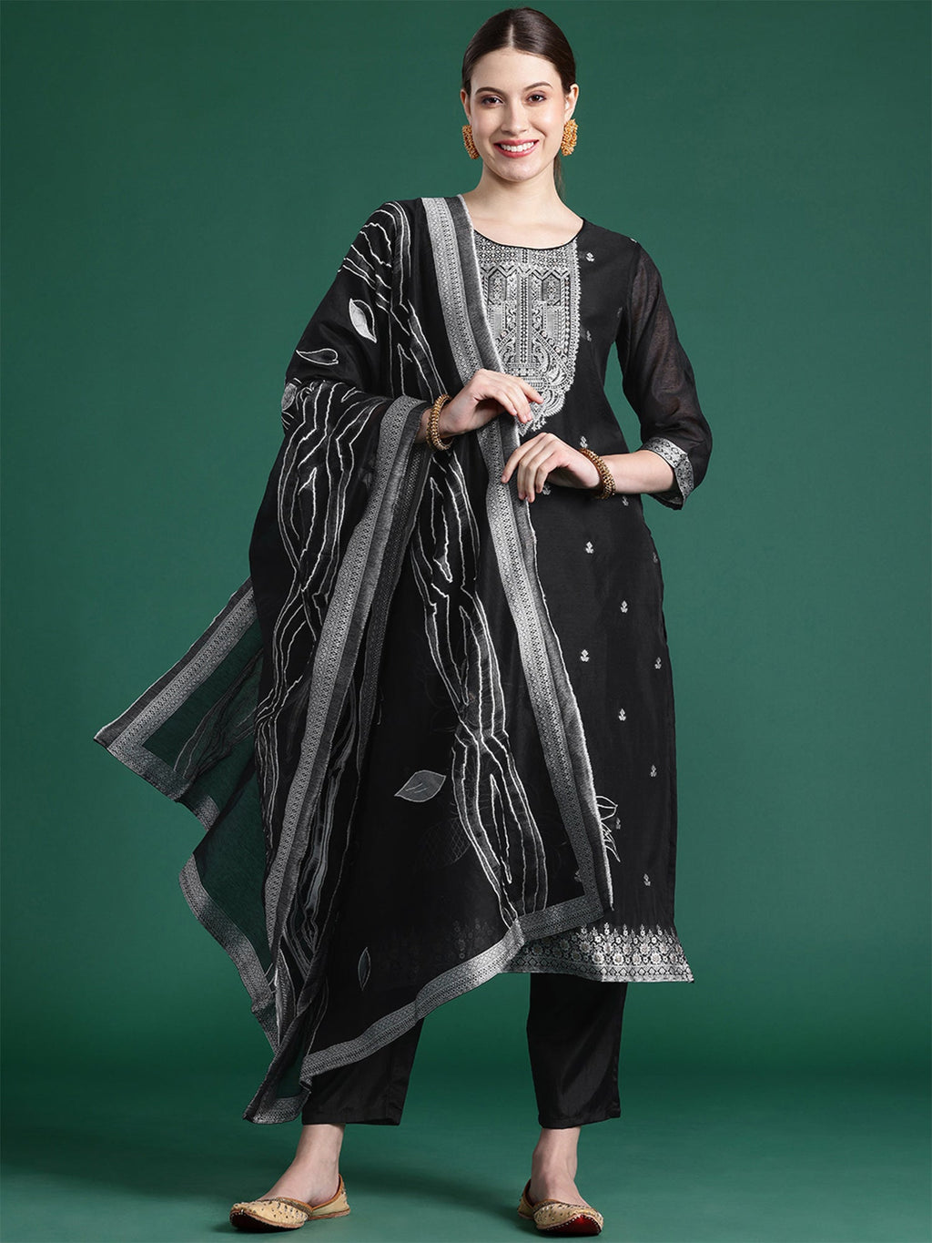 Indo Era Black Woven Design Straight Kurta Trousers set | Grocsy
