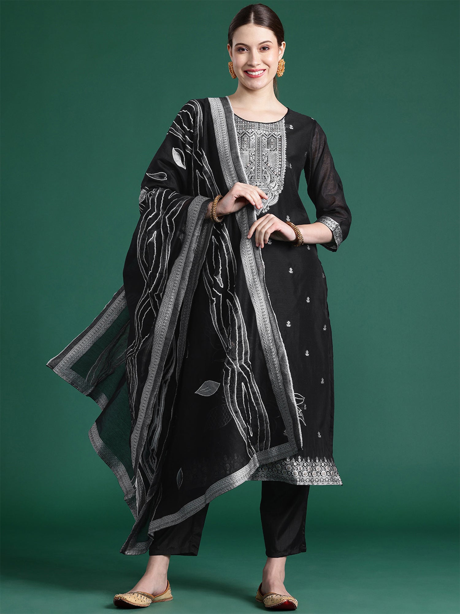 Indo Era Black Woven Design Straight Kurta Trousers set | Grocsy