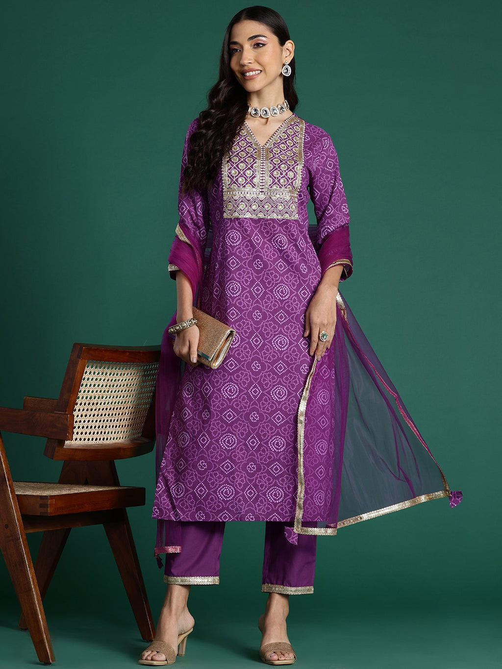 Indo Era Purple Embroidered Straight Kurta Trousers With Dupatta set | Grocsy