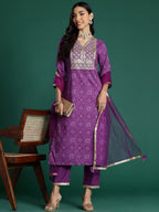 Indo Era Purple Embroidered Straight Kurta Trousers With Dupatta set | Grocsy