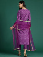 Indo Era Purple Embroidered Straight Kurta Trousers With Dupatta set | Grocsy