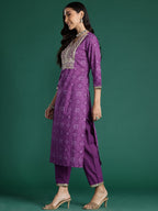Indo Era Purple Embroidered Straight Kurta Trousers With Dupatta set | Grocsy