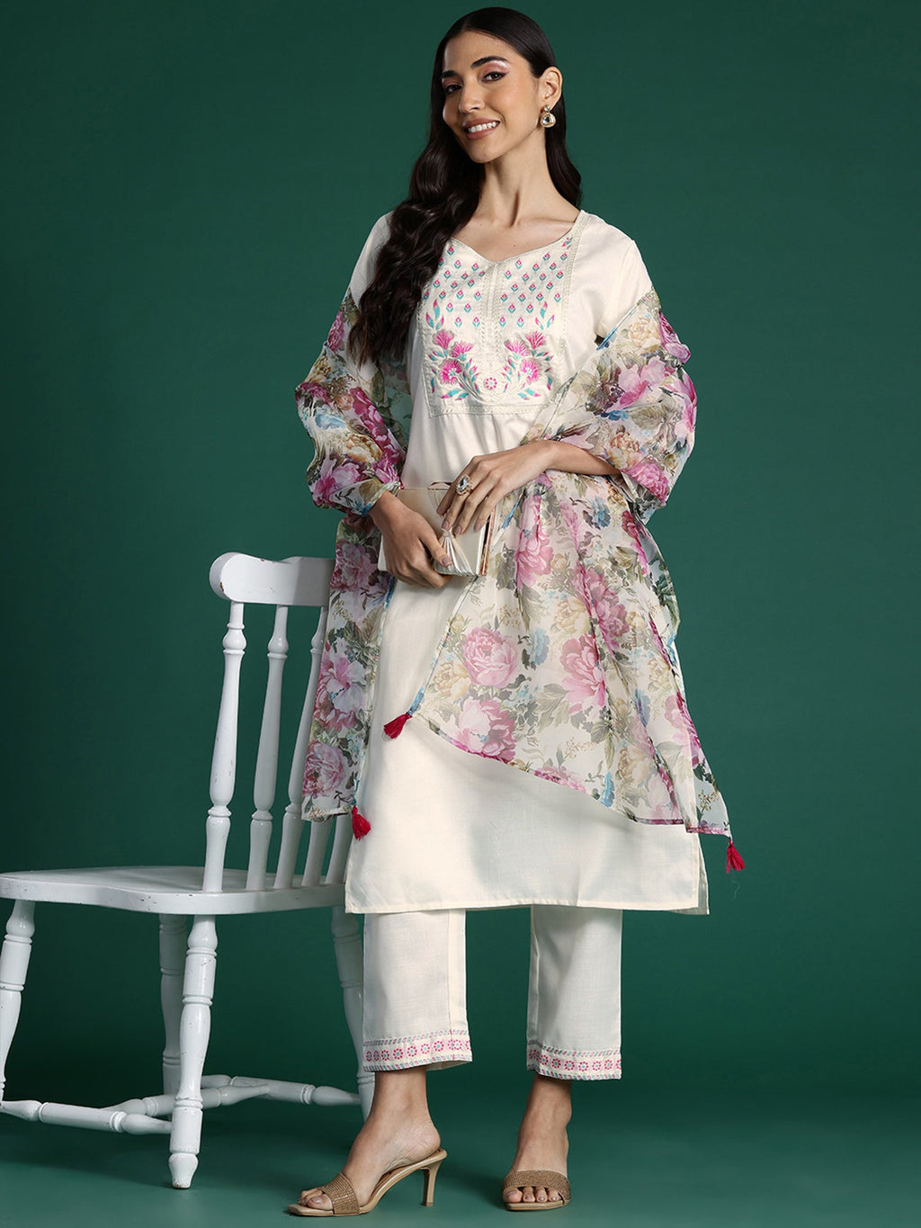 Indo Era White Yoke Design Straight Kurta Trousers With Dupatta set | Grocsy