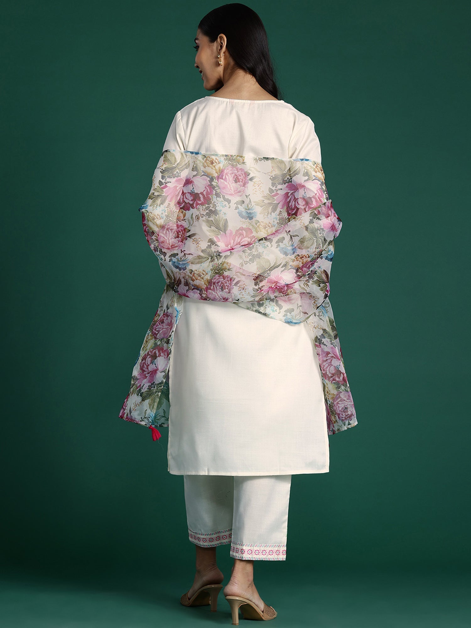 Indo Era White Yoke Design Straight Kurta Trousers With Dupatta set | Grocsy