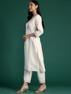 Indo Era White Yoke Design Straight Kurta Trousers With Dupatta set | Grocsy