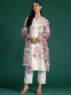 Indo Era White Yoke Design Straight Kurta Trousers With Dupatta set | Grocsy