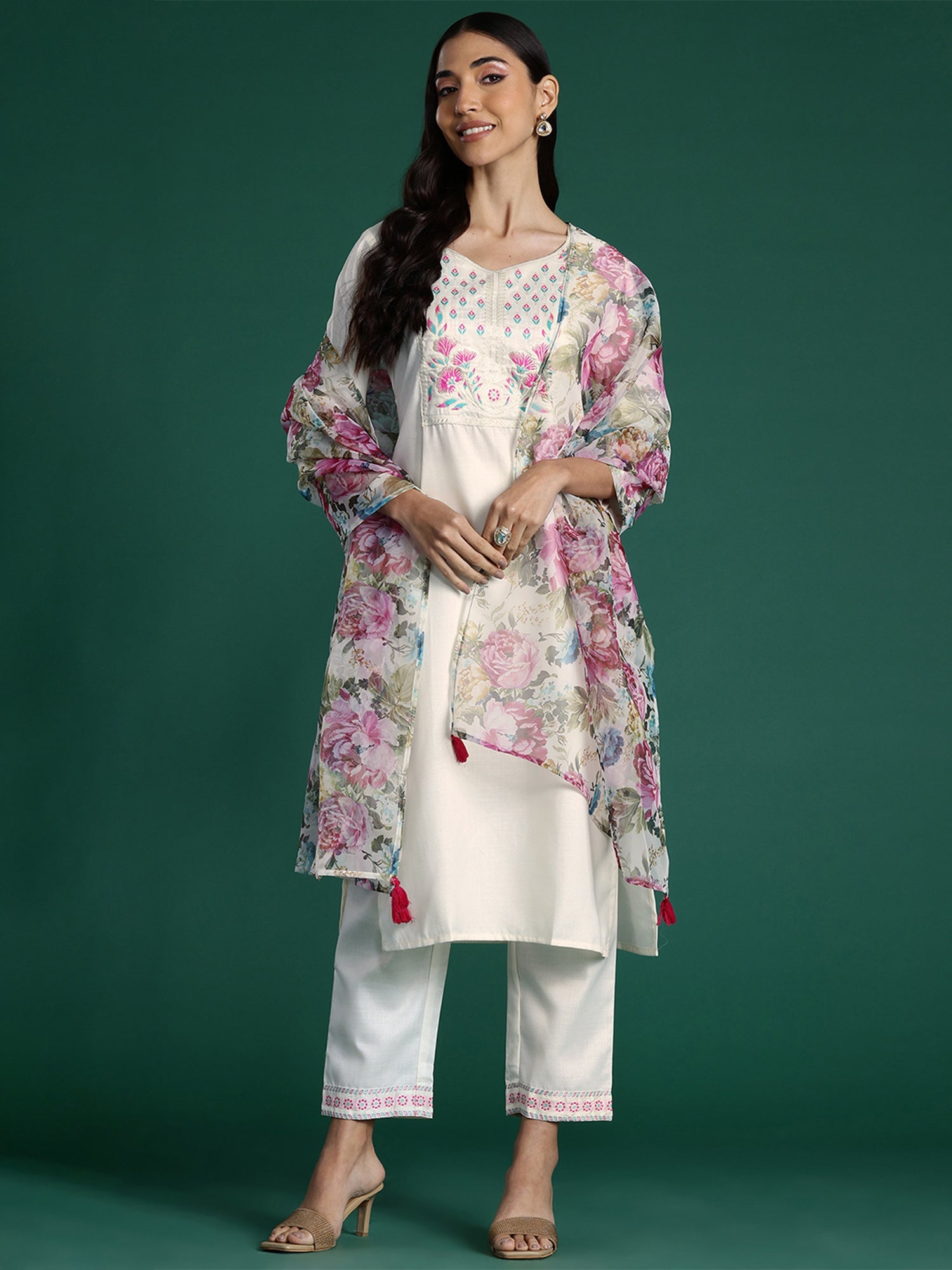 Indo Era White Yoke Design Straight Kurta Trousers With Dupatta set | Grocsy