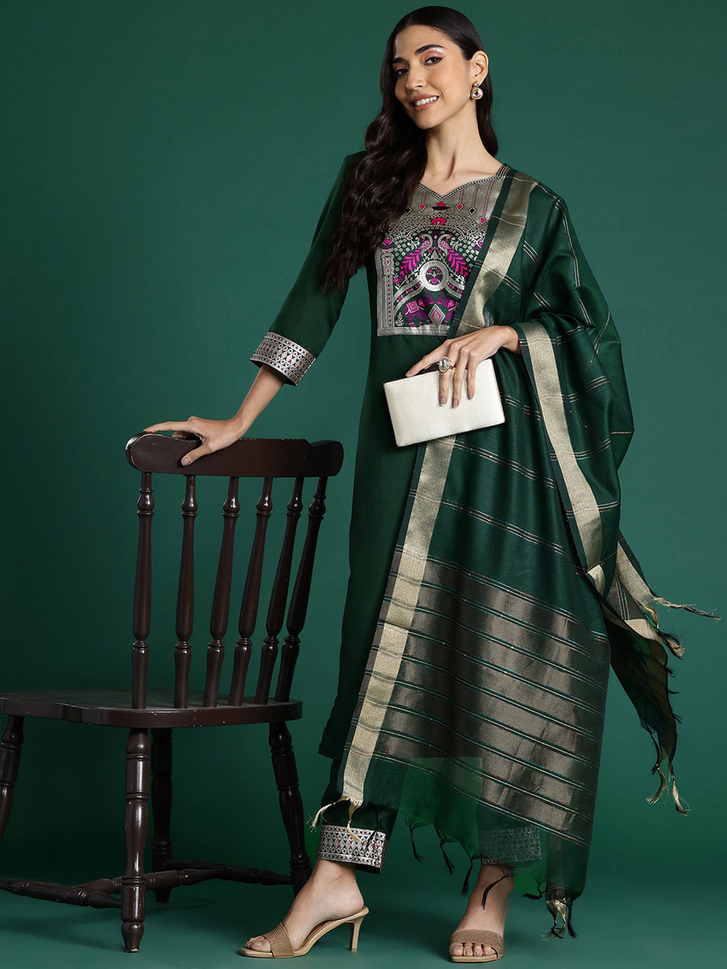 Indo Era Green Yoke Design Straight Kurta Trousers With Dupatta set | Grocsy