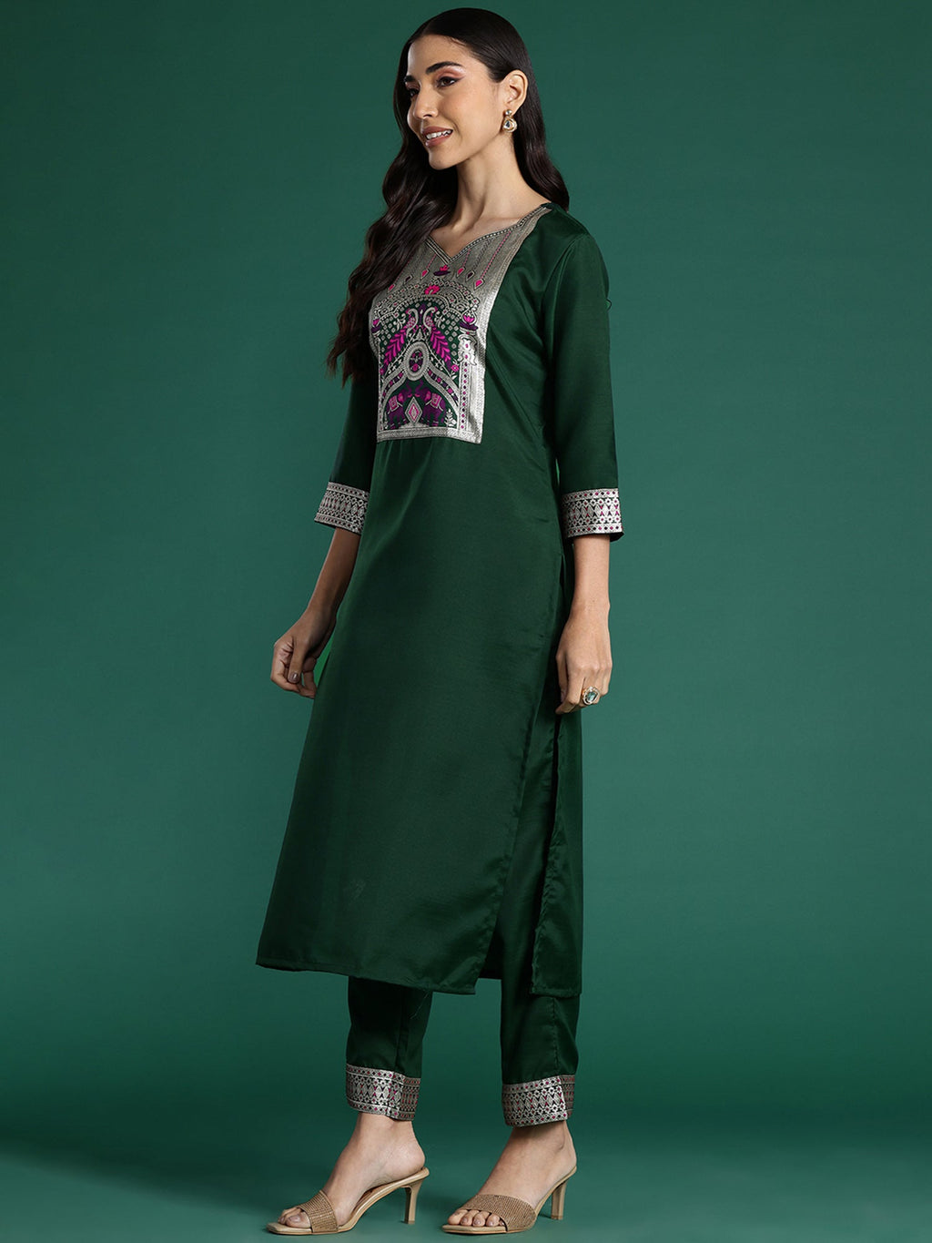 Indo Era Green Yoke Design Straight Kurta Trousers With Dupatta set | Grocsy