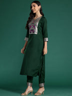 Indo Era Green Yoke Design Straight Kurta Trousers With Dupatta set | Grocsy