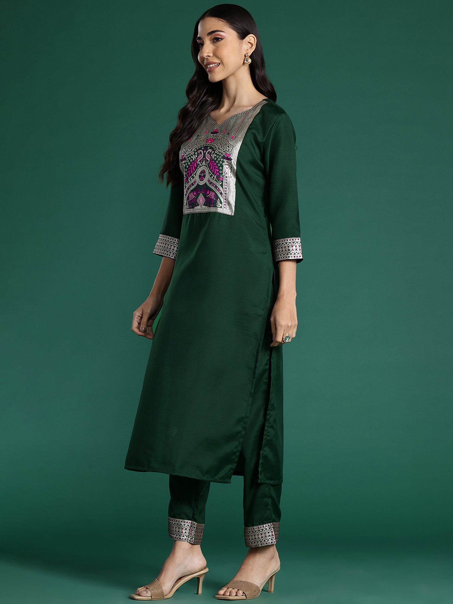 Indo Era Green Yoke Design Straight Kurta Trousers With Dupatta set | Grocsy