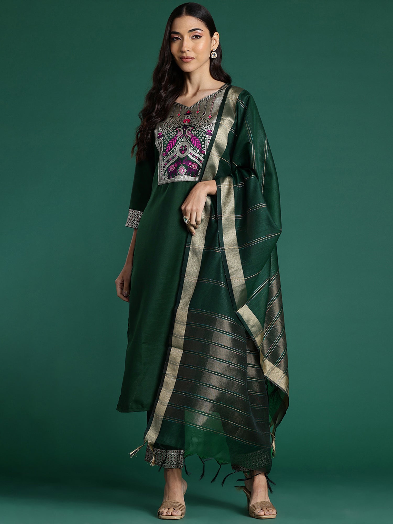 Indo Era Green Yoke Design Straight Kurta Trousers With Dupatta set | Grocsy