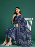 Indo Era Blue Printed Straight Kurta Trousers With Dupatta set | Grocsy