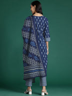 Indo Era Blue Printed Straight Kurta Trousers With Dupatta set | Grocsy
