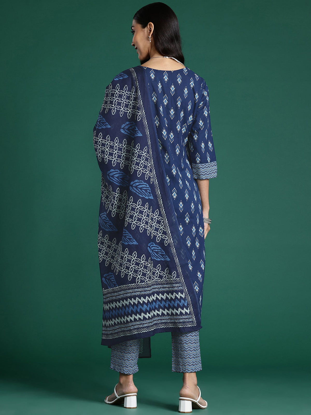 Indo Era Blue Printed Straight Kurta Trousers With Dupatta set | Grocsy