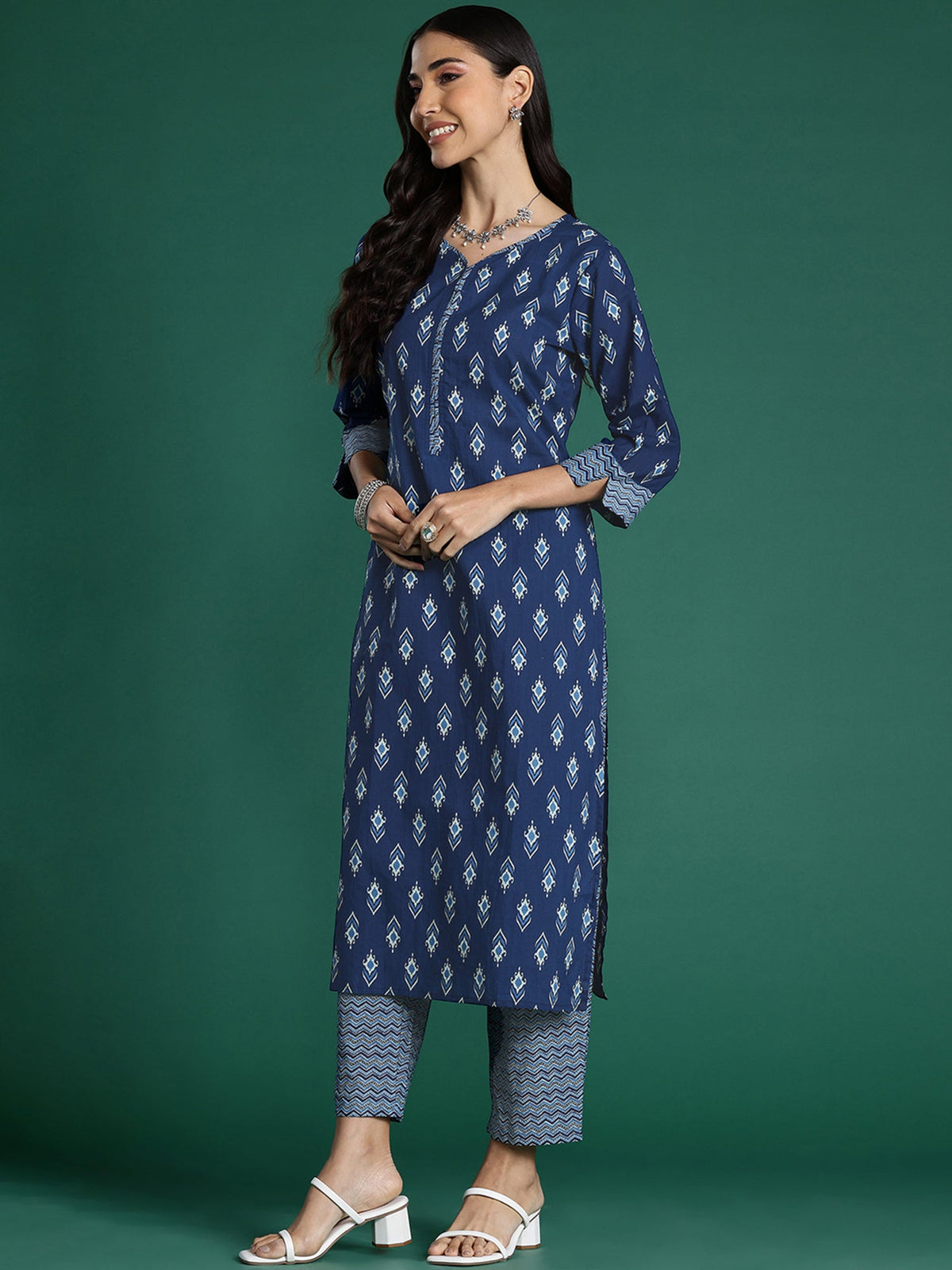 Indo Era Blue Printed Straight Kurta Trousers With Dupatta set | Grocsy