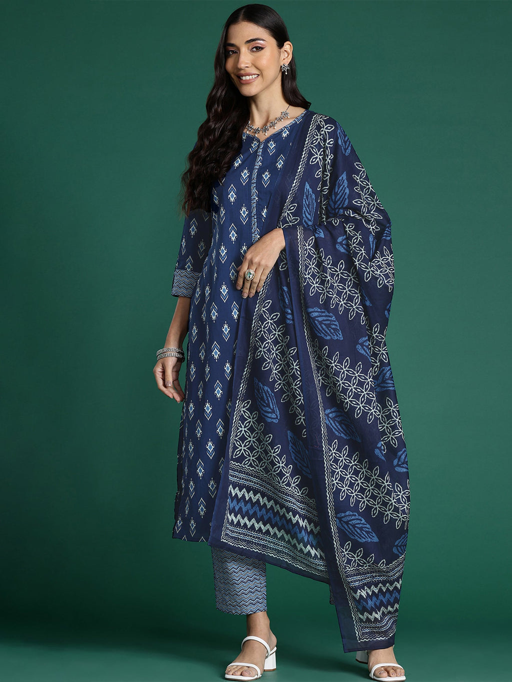 Indo Era Blue Printed Straight Kurta Trousers With Dupatta set | Grocsy